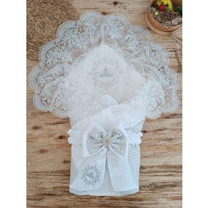 Eterelle Yenidoğan Titi Taç Nakışlı Plazma Taşlı Güpürlü Çift Fiyonk Duvaklı Trilüks Kundak Bebek Battaniyesi Gümüş