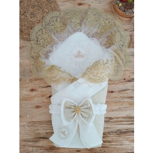 Eterelle Yenidoğan Titi Taç Nakışlı Plazma Taşlı Güpürlü Çift Fiyonk Duvaklı Trilüks Kundak Bebek Battaniyesi Gold