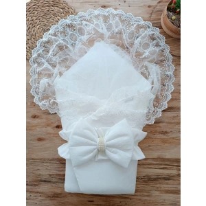 Eterelle Yenidoğan Yakamoz Kumru Model Dantelli Taşlı Fiyonk Bebek Battaniyesi Kundak Ekru