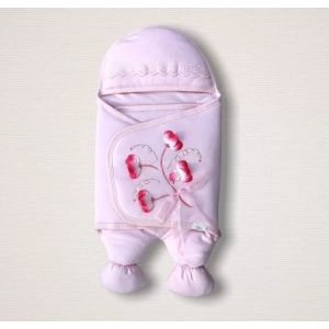 Eterelle Yenidoğan Yapay Çiçek İşlemeli Şapkalı Lüks Kız Bebek Ayaklı Kundak Bebek Battaniyesi Pembe