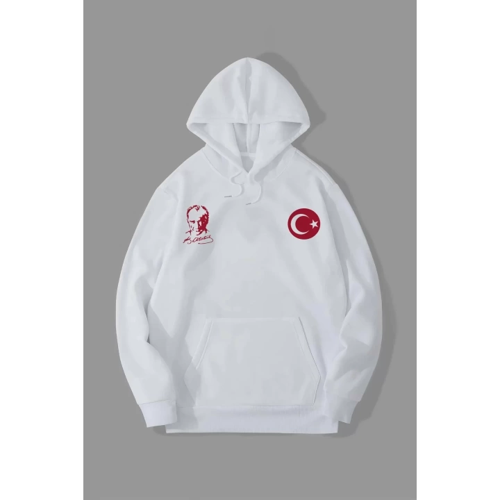 10 Kasıma Özel Üç İplik Kapüşonlu Baskılı SweatShirt - Beyaz