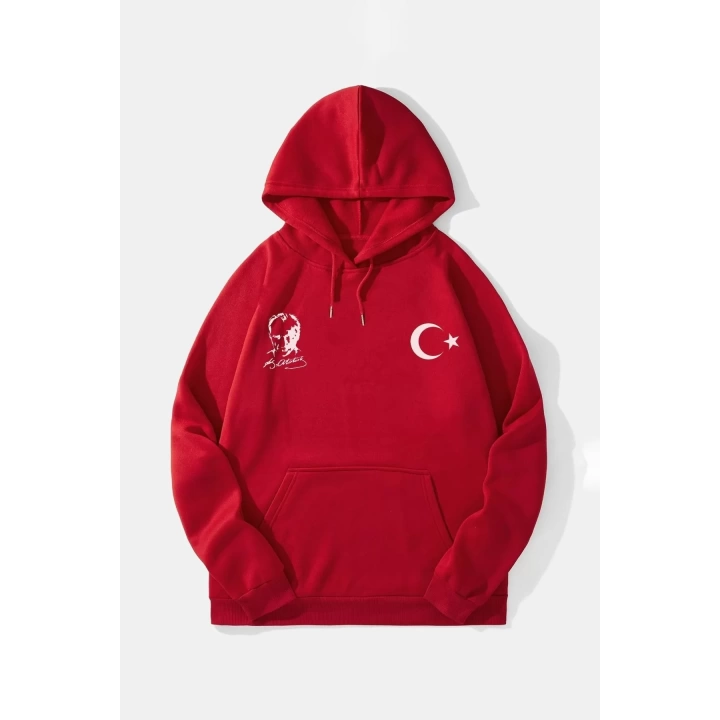 10 Kasıma Özel Üç İplik Kapüşonlu Baskılı SweatShirt - Kırmızı