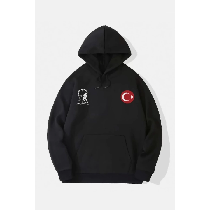 10 Kasıma Özel Üç İplik Kapüşonlu Baskılı SweatShirt - Siyah