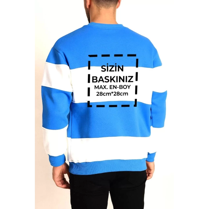 Bisiklet Yaka Parçalı Özel Üretim Sweatshirt- Mavi