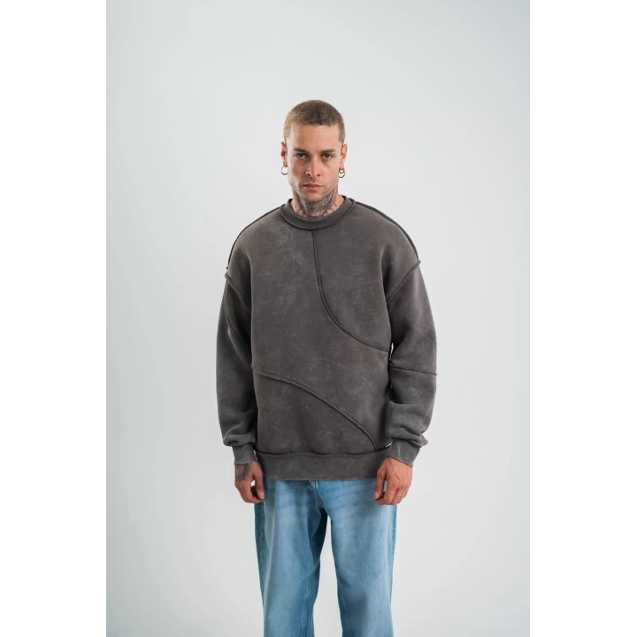 Bisiklet Yaka Yıkamalı Asimetrik Kesşm SweatShirt - Füme