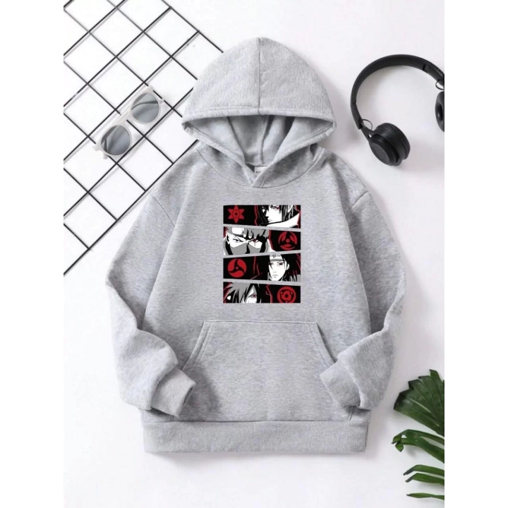 Çocuk Unisex Kapüşonlu Anime Baskılı Sweatshirt - Gri