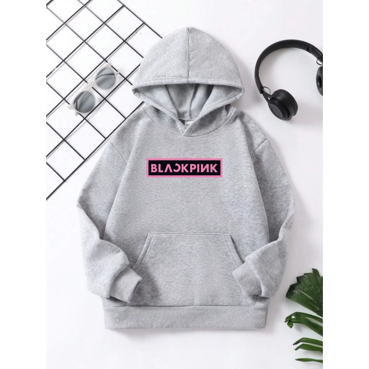 Çocuk Unisex Kapüşonlu Blackpink Baskılı Pamuklu Sweatshirt - Gri