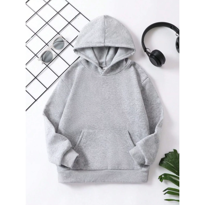 Çocuk Unisex Kapüşonlu Düz Renk Pamuklu Sweatshirt - Gri