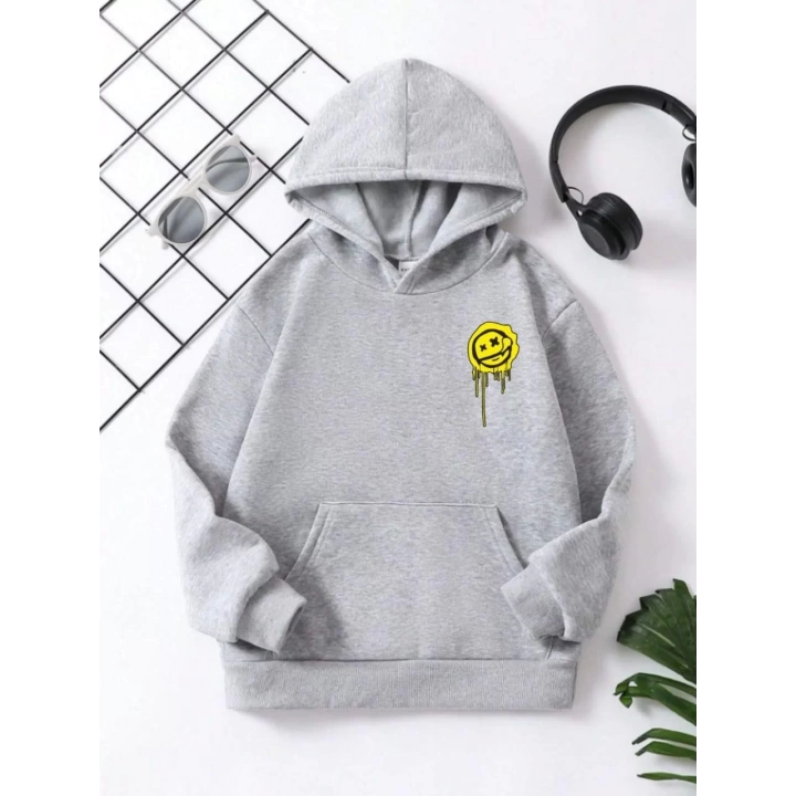 Çocuk Unisex Kapüşonlu Emoji Baskılı Sweatshirt - Gri