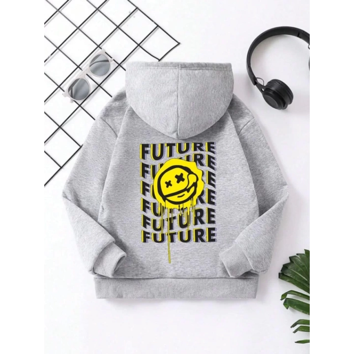 Çocuk Unisex Kapüşonlu Emoji Baskılı Sweatshirt - Gri