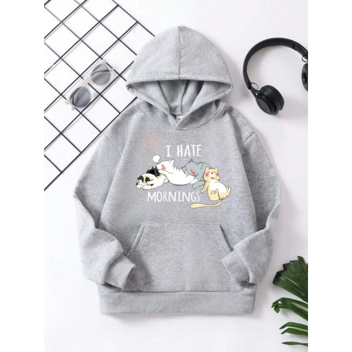 Çocuk Unisex Kapüşonlu Kedicik Baskılı Pamuklu Sweatshirt - Gri