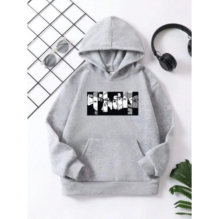 Çocuk Unisex Kapüşonlu Koyu Anime Baskılı Sweatshirt - Gri