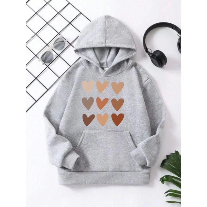 Çocuk Unisex Kapüşonlu Mini Kalpli Baskılı Sweatshirt - Gri