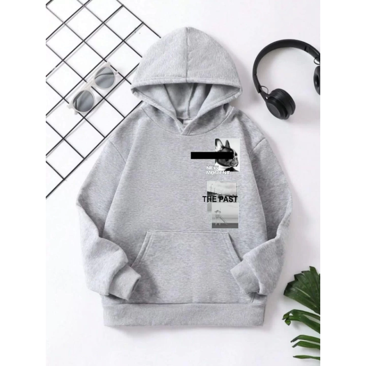 Çocuk Unisex Kapüşonlu NEW MOMENT Baskılı Pamuklu Sweatshirt - Gri