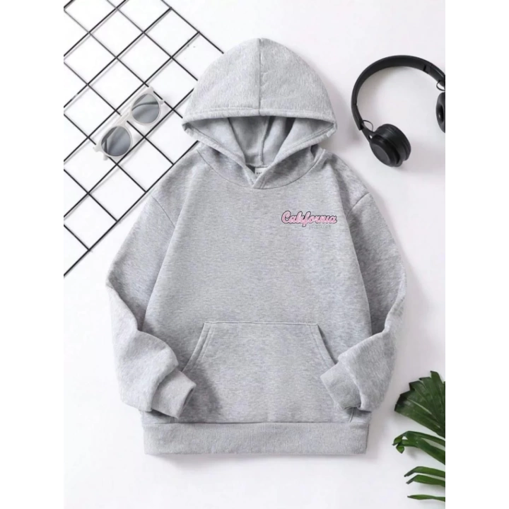 Çocuk Unisex Kapüşonlu Ön ve Arka California Baskılı Sweatshirt - Gri