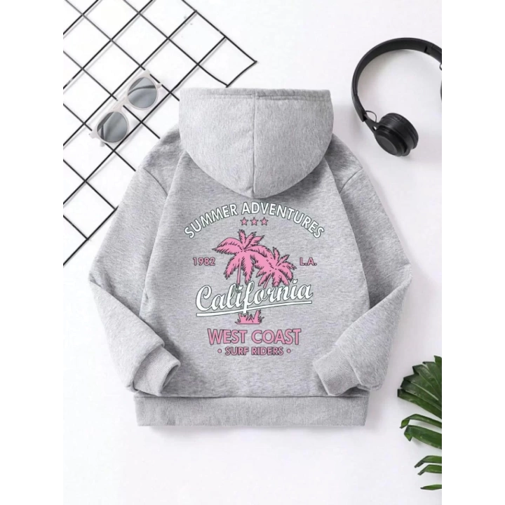 Çocuk Unisex Kapüşonlu Ön ve Arka California Baskılı Sweatshirt - Gri