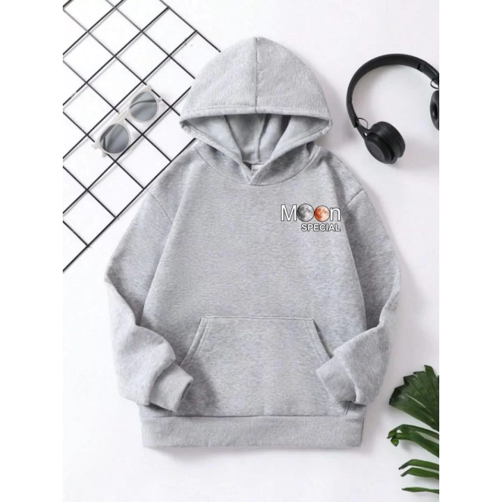 Çocuk Unisex Kapüşonlu Ön ve Arka Moon Special Baskılı Sweatshirt - Gri