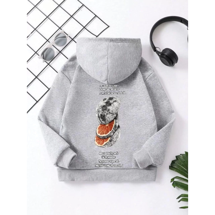 Çocuk Unisex Kapüşonlu Ön ve Arka Moon Special Baskılı Sweatshirt - Gri