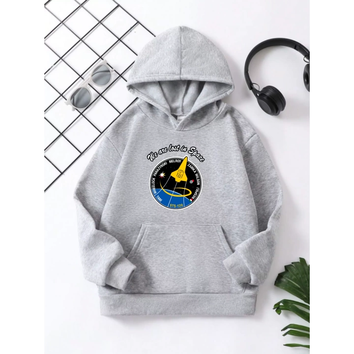 Çocuk Unisex Kapüşonlu Space Baskılı Pamuklu Sweatshirt - Gri