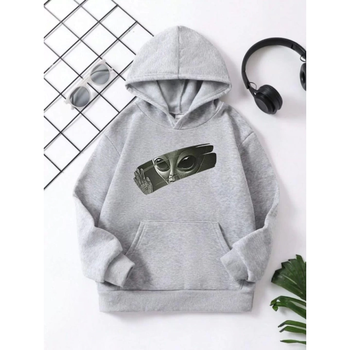 Çocuk Unisex Kapüşonlu Uzaylı Baskılı Pamuklu Sweatshirt - Gri