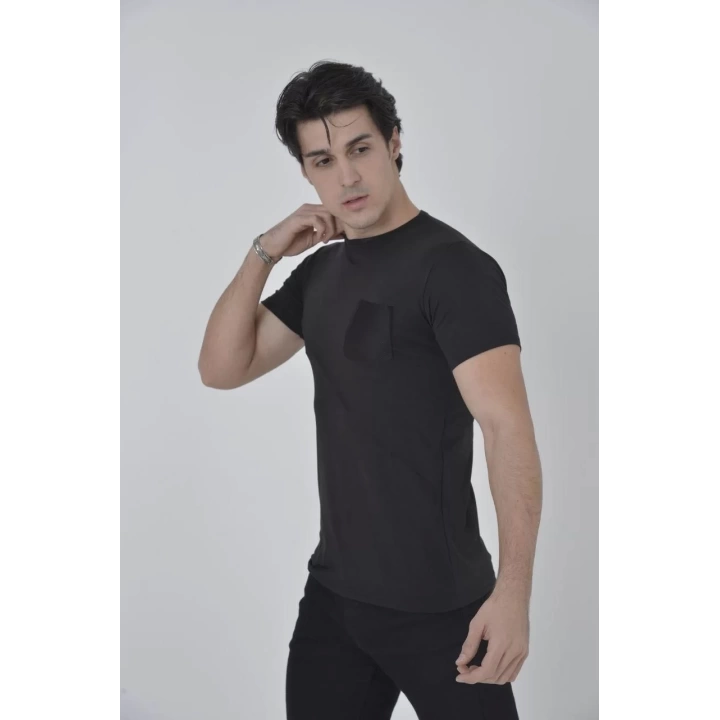 Erkek File Cepli Slim fit T-shirt - Siyah