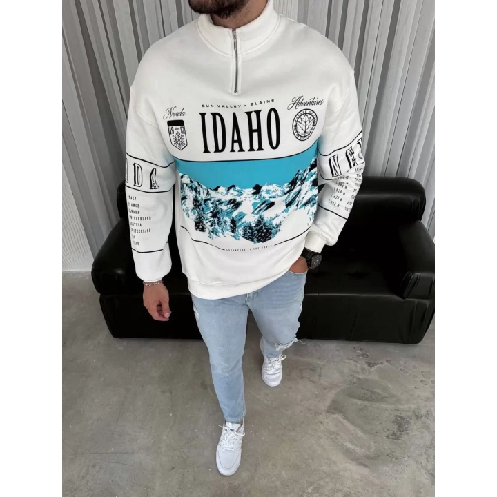 Erkek Yarım Fermuarlı Oversize Baskılı SweatShirt - Beyaz