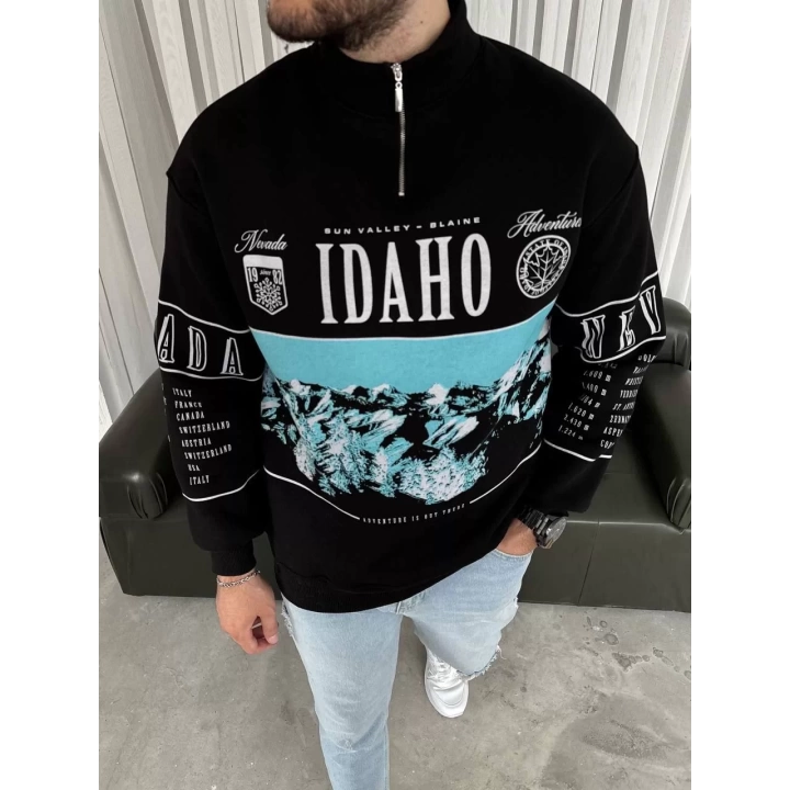 Erkek Yarım Fermuarlı Oversize Baskılı SweatShirt - Siyah