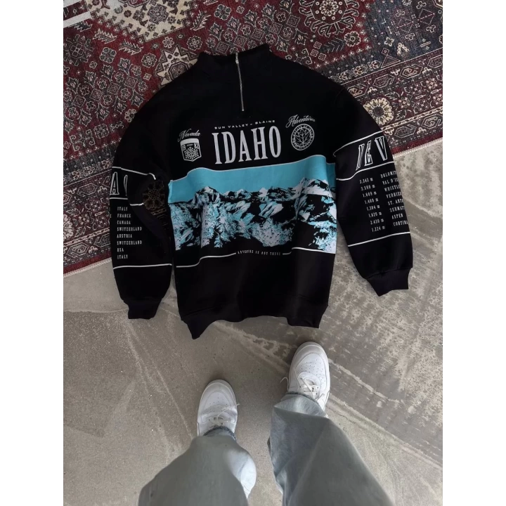 Erkek Yarım Fermuarlı Oversize Baskılı SweatShirt - Siyah