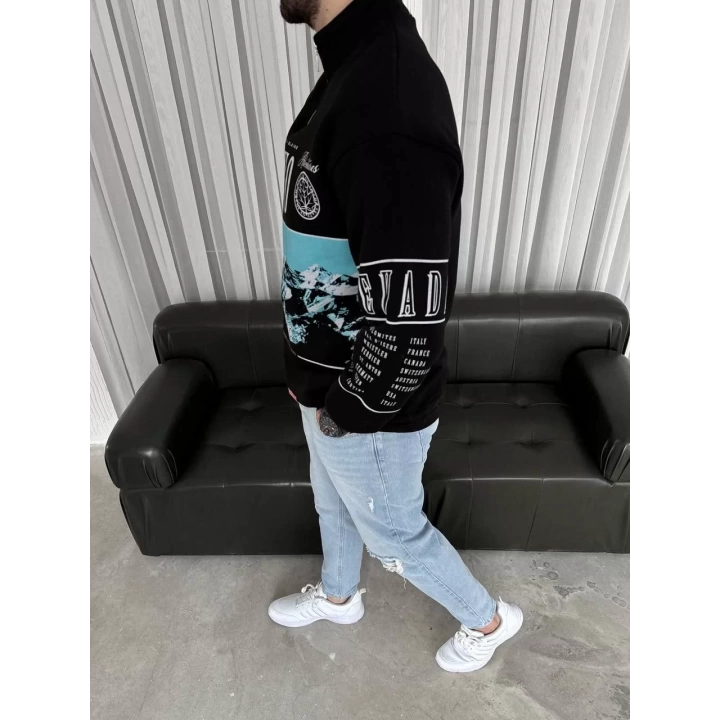 Erkek Yarım Fermuarlı Oversize Baskılı SweatShirt - Siyah