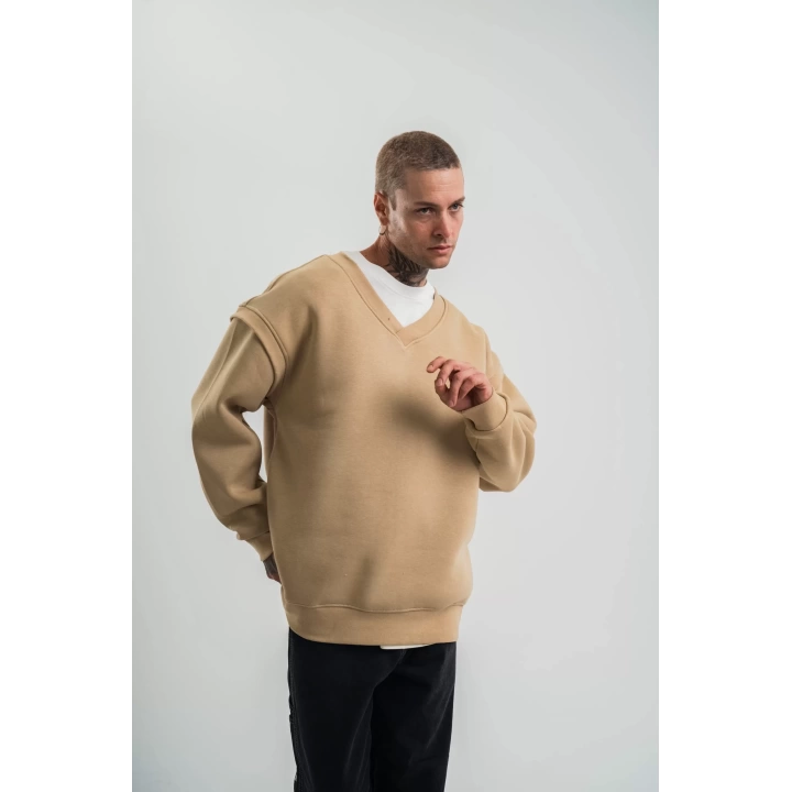 Geniş V yaka Kol Ribana Detaylı SweatShirt - Bej