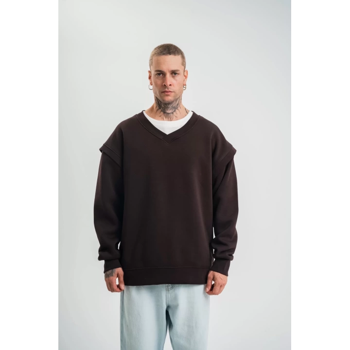 Geniş V yaka Kol Ribana Detaylı SweatShirt - Kahve