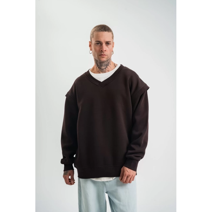 Geniş V yaka Kol Ribana Detaylı SweatShirt - Kahve