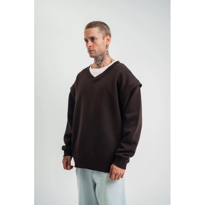 Geniş V yaka Kol Ribana Detaylı SweatShirt - Kahve