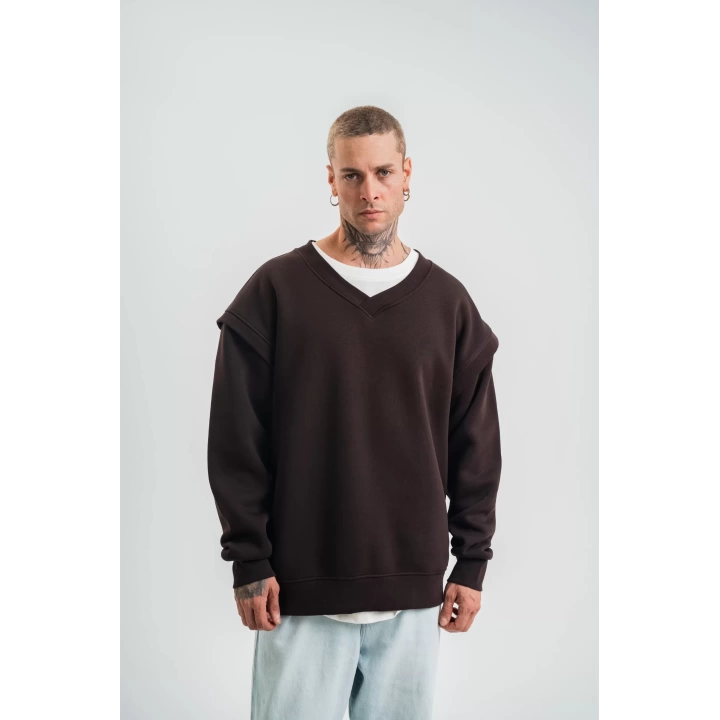 Geniş V yaka Kol Ribana Detaylı SweatShirt - Kahve