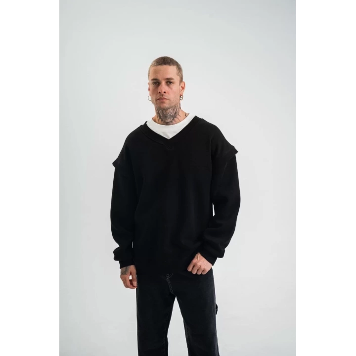 Geniş V yaka Kol Ribana Detaylı SweatShirt - Siyah