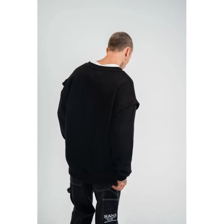 Geniş V yaka Kol Ribana Detaylı SweatShirt - Siyah