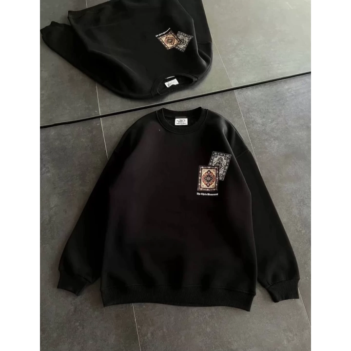 Kadın Bisiklet Yaka Baskılı SweatShirt - Siyah