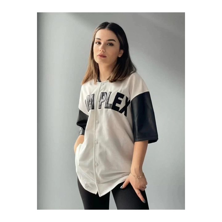 Kadın Complex Kolları Deri Kolej Oversize T-shirt - Beyaz