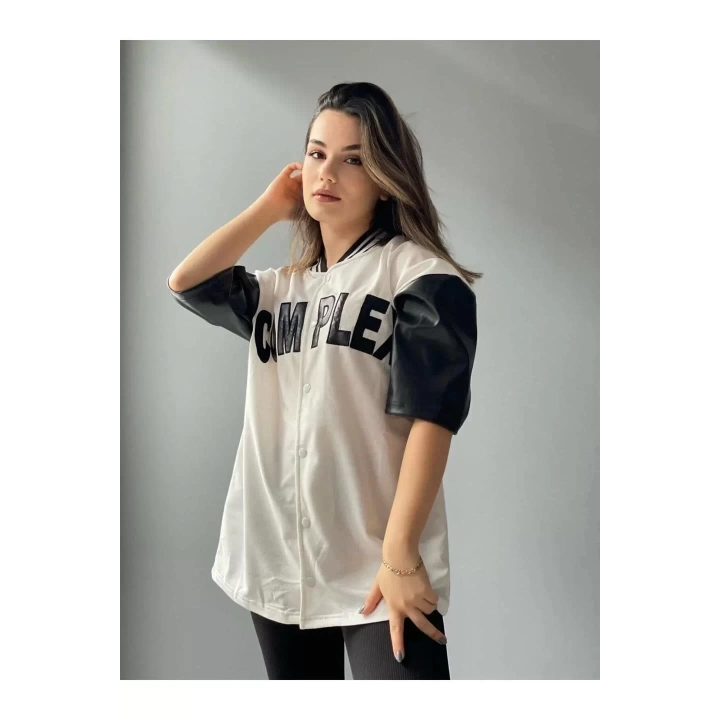 Kadın Complex Kolları Deri Kolej Oversize T-shirt - Beyaz