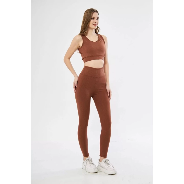 Kadın Crop Tayt İkili Spor Takımı - Kahve