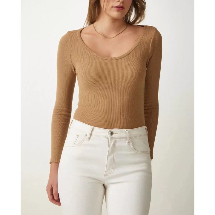 Kadın Fitilli Likralı Body Crop - Camel