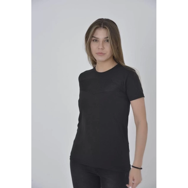 Kadın Gögüs Fileli Slim fit T-shirt - Siyah