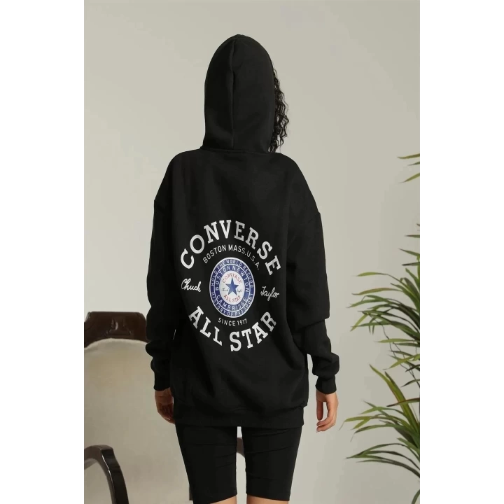 Kadın Sırt Baskılı Oversize Üç İplik Kapüşonlu Sweatshirt - Siyah