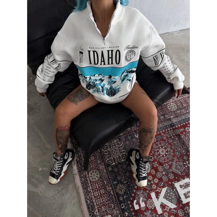 Kadın Yarım Fermuarlı Oversize Baskılı SweatShirt - Beyaz