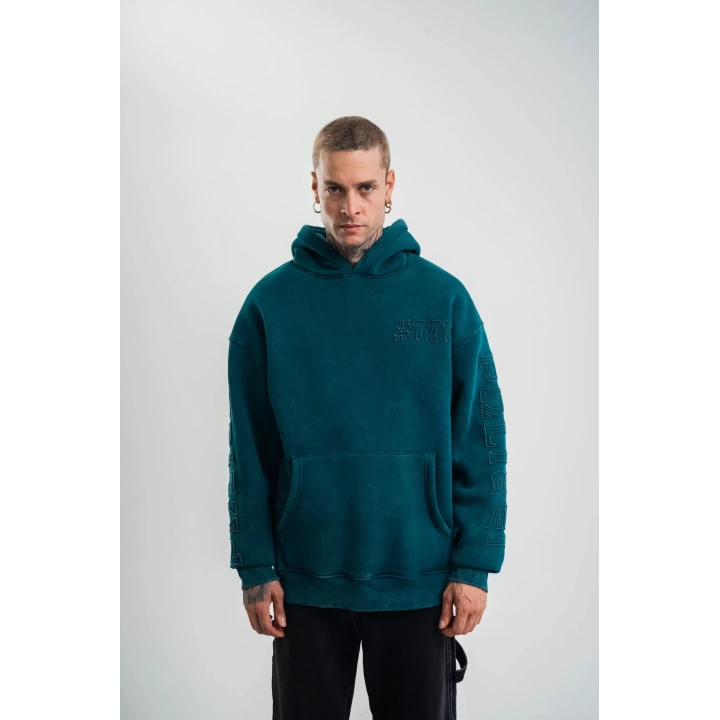 Kapşonlu Double Oversize Yıkamalı Evalı Nakışlı SweatShirt - Koyu Deniz Yeşili