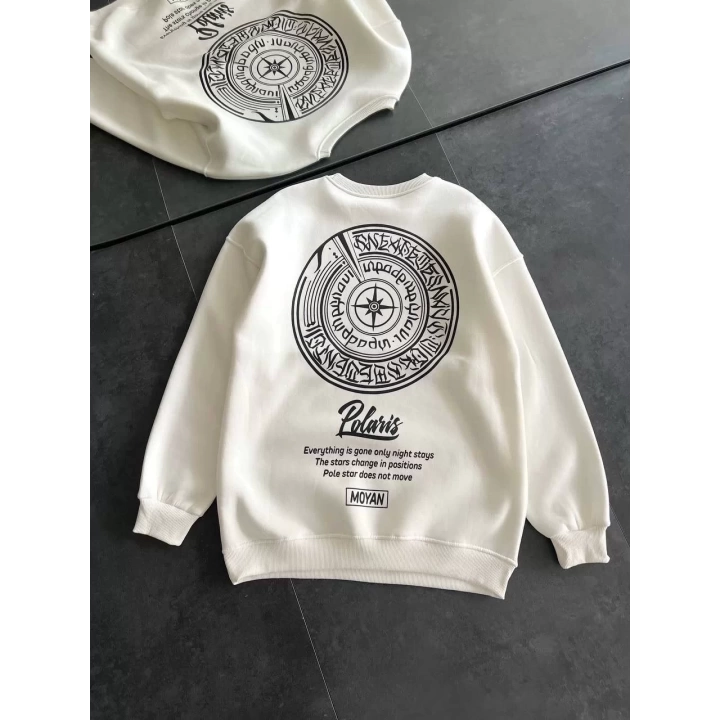 Kışlık Bisiklet Yaka Ön Ve Arka Baskılı SweatShirt - Beyaz