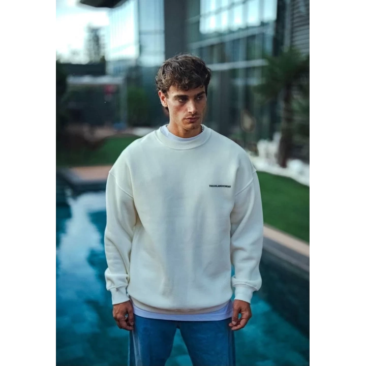 Kışlık Bisiklet Yaka Oversize Baskılı SweatShirt - Beyaz