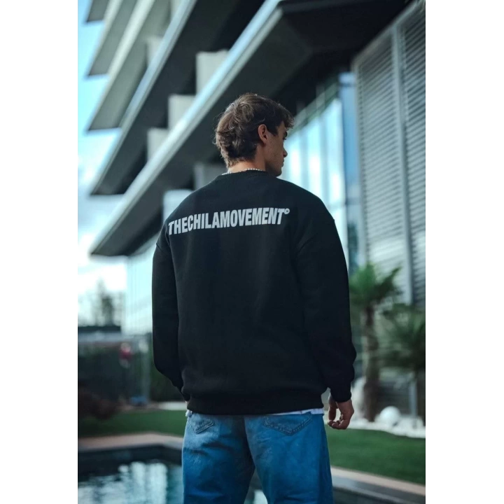 Kışlık Bisiklet Yaka Oversize Baskılı SweatShirt - Siyah