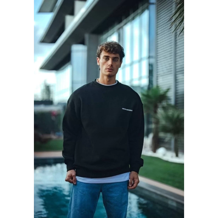 Kışlık Bisiklet Yaka Oversize Baskılı SweatShirt - Siyah