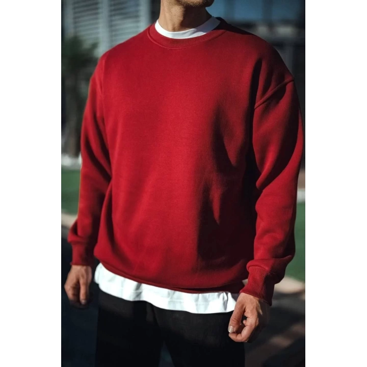 Kışlık Bisiklet Yaka Üç İplik Basic SweatShirt - Bordo